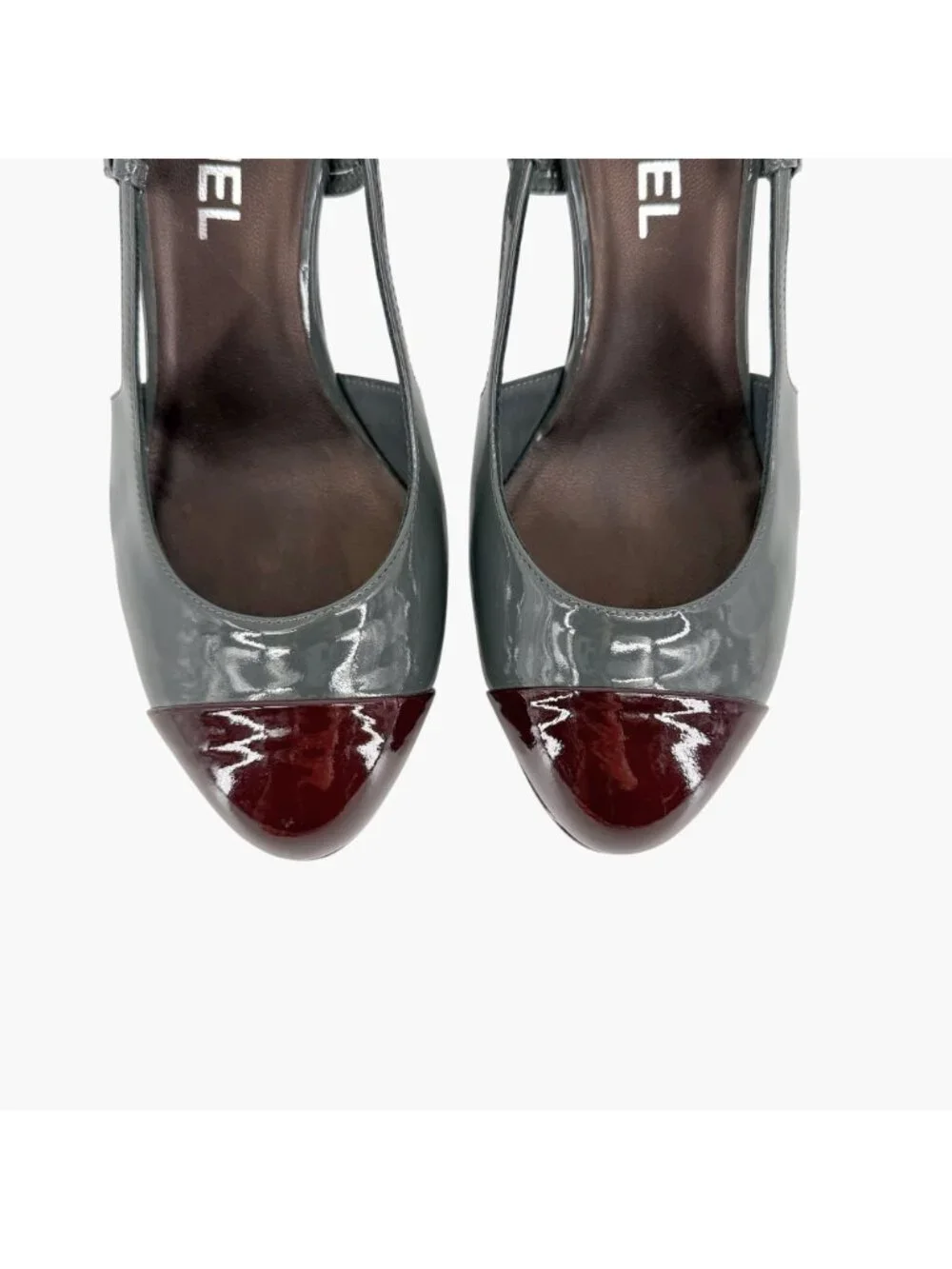 Chanel Gray Burgundy Patent Cap Toe Slingback Platform Pumps Size 37.5 US 6.5–7 - Picture 4 of 15
